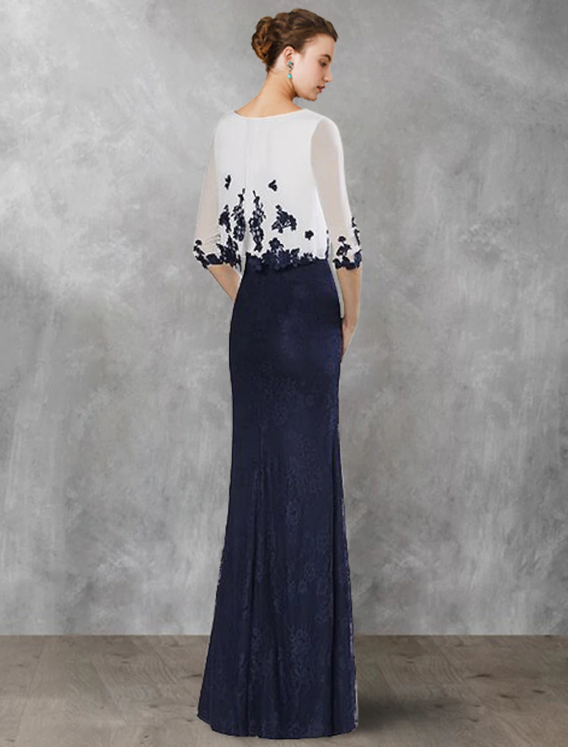 Wholesale  Two Piece Sheath / Column Mother of the Bride Dress Wedding Guest Vintage Elegant Jewel Neck Floor Length Chiffon Lace Half Sleeve with Appliques